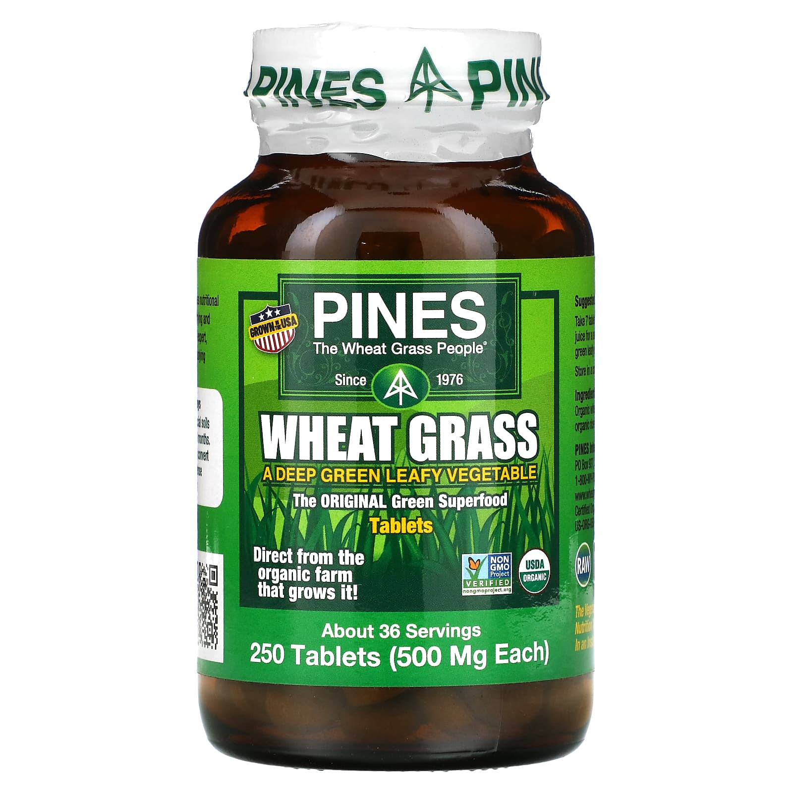 Pines, Wheat Grass 500mg, 250 Tablets UPC 043952000025 | HiLife Vitamins
